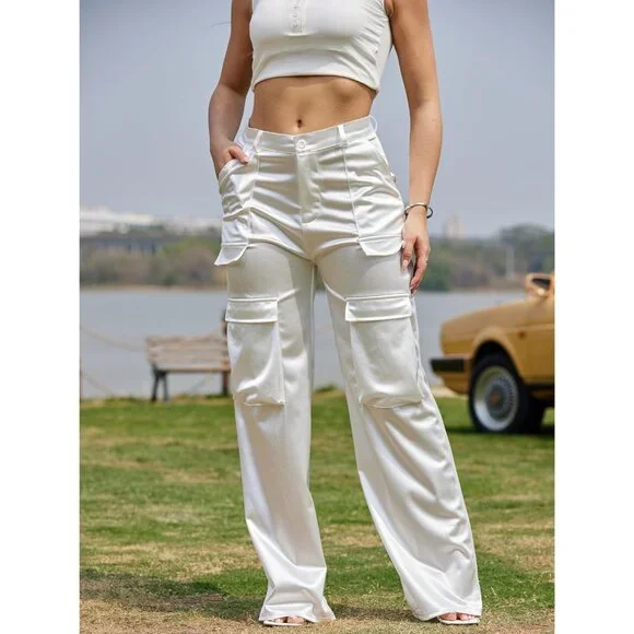 Elegant Wide Leg Satin Cargo Pants for Women - Flattering Loose Fit with Pockets